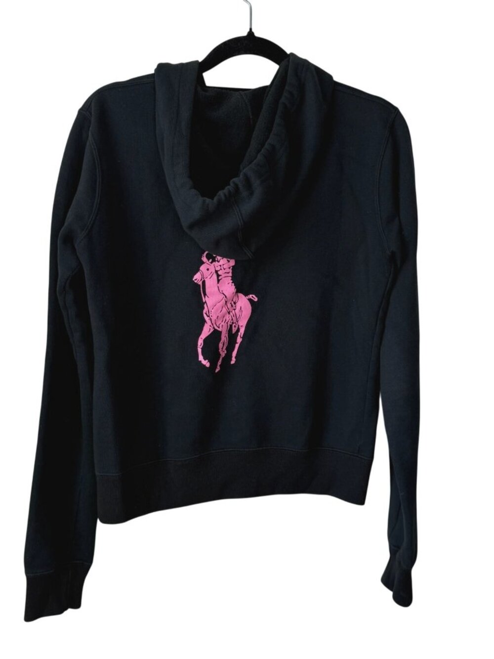 Ralph Lauren Womens Pink Pony Full-Zip Hoodie Black Fleece Size S Preppy Y2K